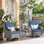 XIZZI Moonlight Gray 3-Piece Wicker Patio Conversation Seating Sofa Set with Denim Blue Cushions and Swivel Rocking Chairs - Image 1