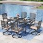 PHI VILLA 7-Piece Metal Patio Outdoor Dining Set with Slat Rectangle Table and Stripe Swivel Chairs with Beige Cushions - Image 1