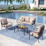 PHI VILLA 5 Seat 4-Piece Black Metal Steel Outdoor Patio Conversation Set with Beige Cushions, Table with Stripe-Shaped Top - Image 1