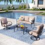 PHI VILLA 5 Seat 4-Piece Black Metal Steel Outdoor Patio Conversation Set with Beige Cushions, 2 Swivel Chairs And Table - Image 1