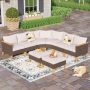 PHI VILLA Brown Rattan Wicker 8 Seat 8-Piece Steel Patio Outdoor Sectional Set with Beige Cushions - Image 1