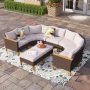 PHI VILLA Brown Rattan Wicker 9 Seat 9-Piece Steel Patio Outdoor Sectional Set with Beige Cushions DS9PV105060304 - Image 1