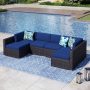 PHI VILLA Dark Brown 6 Seat 6-Piece Rattan Wicker Steel Patio Outdoor Sectional Set with Blue Cushions - Image 1