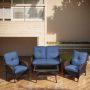 Pocassy Brown 4-Piece Wicker Outdoor Loveseat Set Patio Rattan Loveseat 2 Lounge Chairs and Coffee Table with Blue Cushions - Image 1