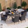 PHI VILLA Black 7-Pcs Metal Rectangle Patio Outdoor Dining Set with Table and Rattan Chairs with Blue Cushion - Image 1