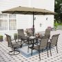 PHI VILLA 8-Piece Metal Outdoor Dining Set with Umbrella and Padded Swivel Rocker Texitilene Chair - Image 1