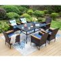PHI VILLA Black 7-Piece Metal Rectangle Patio Outdoor Dining Set with Slat Table and Rattan Chairs with Blue Cushion - Image 1