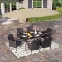 PHI VILLA Black 8-Piece Metal Patio Outdoor Dining Set with Slat Rectangle Table, Umbrella and Rattan Chairs with Blue Cushion - Image 1