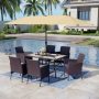 PHI VILLA Black 8-Piece Metal Patio Outdoor Dining Set with Rectangle Table, Umbrella and Rattan Chairs with Blue Cushion - Image 1