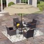 PHI VILLA Black 6-Piece Metal Patio Outdoor Dining Set with Slat Square Table, Umbrella and Rattan Chairs with Blue Cushion - Image 1