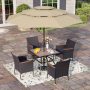 PHI VILLA Black 6-Piece Metal Patio Outdoor Dining Set with Wood-Look Square Table, Umbrella and Rattan Chairs with Blue Cushion - Image 1