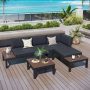 PHI VILLA Black Aluminum 3-Piece Steel Outdoor Patio Conversation Set with Black Cushions, Table with Brown Wood-Grain Top - Image 1
