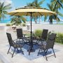 PHI VILLA 6-Piece Metal Patio Outdoor Dining Set with Black Folding Reclining Sling Chairs and Beige Umbrella - Image 1