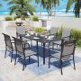 PHI VILLA Black 7-Piece Metal Rectangle Patio Outdoor Dining Set with Slat Table and Gourd-Shaped Design Textilene Chairs - Image 1