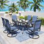 PHI VILLA Black 7-Piece Metal Outdoor Patio Dining Set with Slat Rectangle Table and Padded Blue Textilene Swivel Chairs - Image 1
