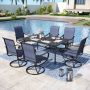 PHI VILLA Black 7-Pieces Metal Outdoor Patio Dining Set with Rectangle Table and Padded Blue Texitilene Swivel Chairs - Image 1