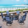 PHI VILLA Black 7-Piece Metal Patio Outdoor Dining Sets with Stamped Round Table and Padded Blue Textilene Swivel Chairs - Image 1