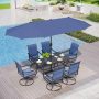 PHI VILLA Black 8-Piece Metal Patio Outdoor Dining Set with Rectangle Table, Blue Umbrella and Padded Blue Textilene Swivel Chairs - Image 1