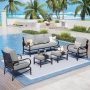 PHI VILLA Black 5-Piece Metal Slatted 7-Seat Outdoor Patio Conversation Set with Gray Cushions and 2 Ottomans - Image 1