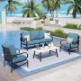 PHI VILLA Metal Slatted 5 Seat 4-Piece Outdoor Patio Conversation Set with Navy Blue Cushions, Table With Marble Pattern Top - Image 1