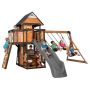 Backyard Discovery Canyon Creek All Cedar Swing Set Playset w/ Rockwall Upper Fort Belt Swings Web Swing Gray Wave Slide, and Play Kitchen - Image 1