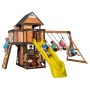 Backyard Discovery Canyon Creek All Cedar Swing Set Playset w/ Rockwall Upper Fort Belt Swing Web Swing Yellow Wave Slide, and Play Kitchen - Image 1