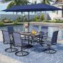 PHI VILLA Black 8-Piece Metal Rectangle Patio Outdoor Dining Set with Table, Umbrella and Textilene Swivel Chairs THD8-326-93BLZ - Image 1