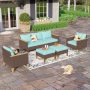 PHI VILLA Brown Rattan Wicker 7-Seat 7-Piece Steel Patio Outdoor Sectional Set with Blue Cushions DS7BU103060104 - Image 1