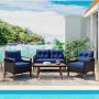 4-Piece Brown Wicker Outdoor Patio Conversation Seating Set with Blue Cushions and Wood Table and Legs - Image 1