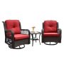 3-Piece Brown Resin Wicker Outdoor Bistro Set with Red Cushions, Swivel Rocking Chairs, Tempered Glass Side Coffee Table - Image 1