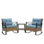 3-Piece Brown Rattan Steel Metal Outdoor Bistro Set with Blue Cushions - Image 1