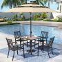 PHI VILLA 6-Piece Metal Outdoor Patio Dining Set with Umbrella and Wood-Look Square Table and Stackable Chairs - Image 1