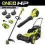 RYOBI ONE+ HP 18V Brushless 16 in. Cordless Battery Push Lawn Mower, String Trimmer & Blower w/(3) Batteries & (2) Chargers - Image 1