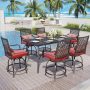 PHI VILLA 7-Piece Metal Rectangle Bar Height Outdoor Dining Set with Red Cushions - Image 1