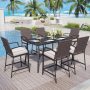 PHI VILLA 7-Piece Wicker Rectangle Bar Height Outdoor Dining Set with Beige Cushions - Image 1