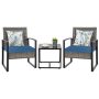3-Piece Gray Wicker Outdoor Bistro Set with Blue Cushion - Image 1