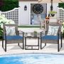 Zeus & Ruta 3-Piece Gray Wicker Outdoor Bistro Set with Blue Cushions - Image 1